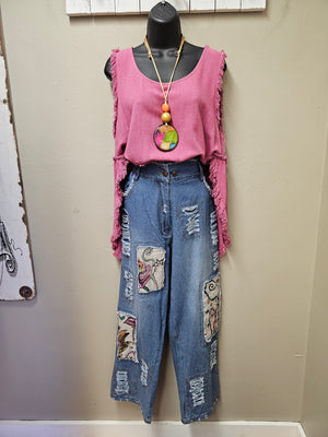 Boho Denim Pants with Colorful Raw Edge Patches