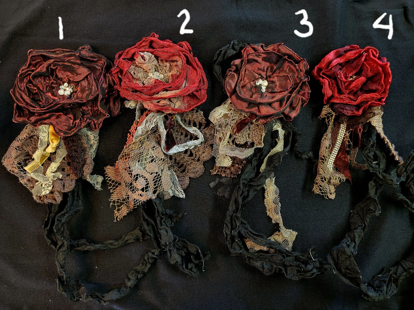 Holiday Red Vintage-Inspired Handcrafted Fabric Flowers Brooch/Necklace