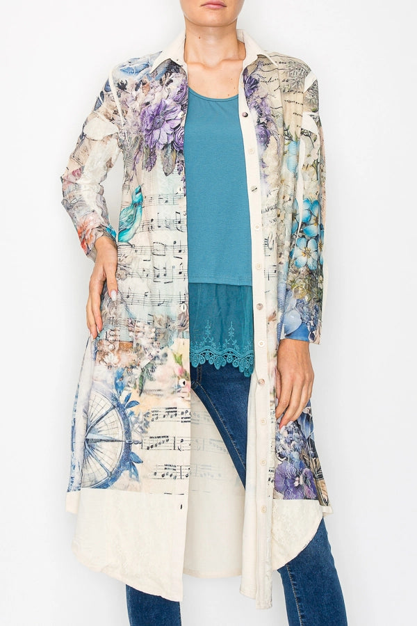 Romantic Purple Lace Jacket with Pockets and Birds