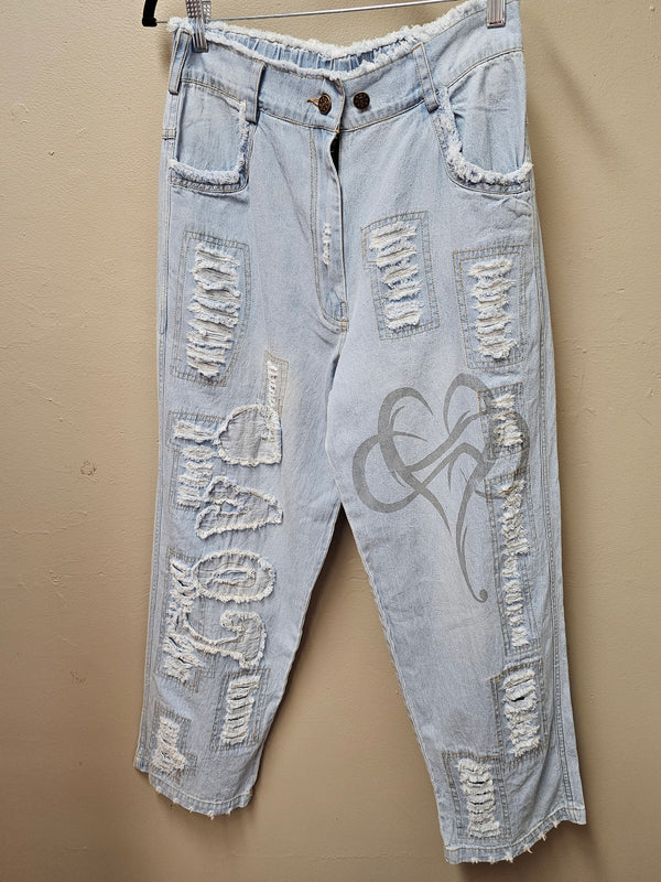 【U LAN】Heart Patch Washing Denim Pants Chrome Hearts Denim Cross Patch French Work Pants - SRM
