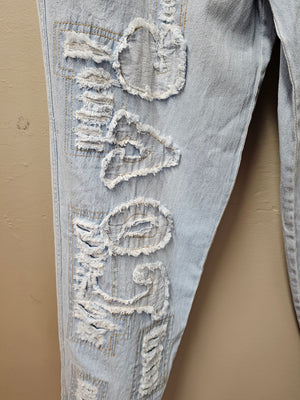 "LOVE" Denim Pants with Love, Raw Edge Patches and Heart