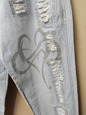 "LOVE" Denim Pants with Love, Raw Edge Patches and Heart