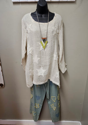 One Size Linen 3/4 Sleeves Top with Stars