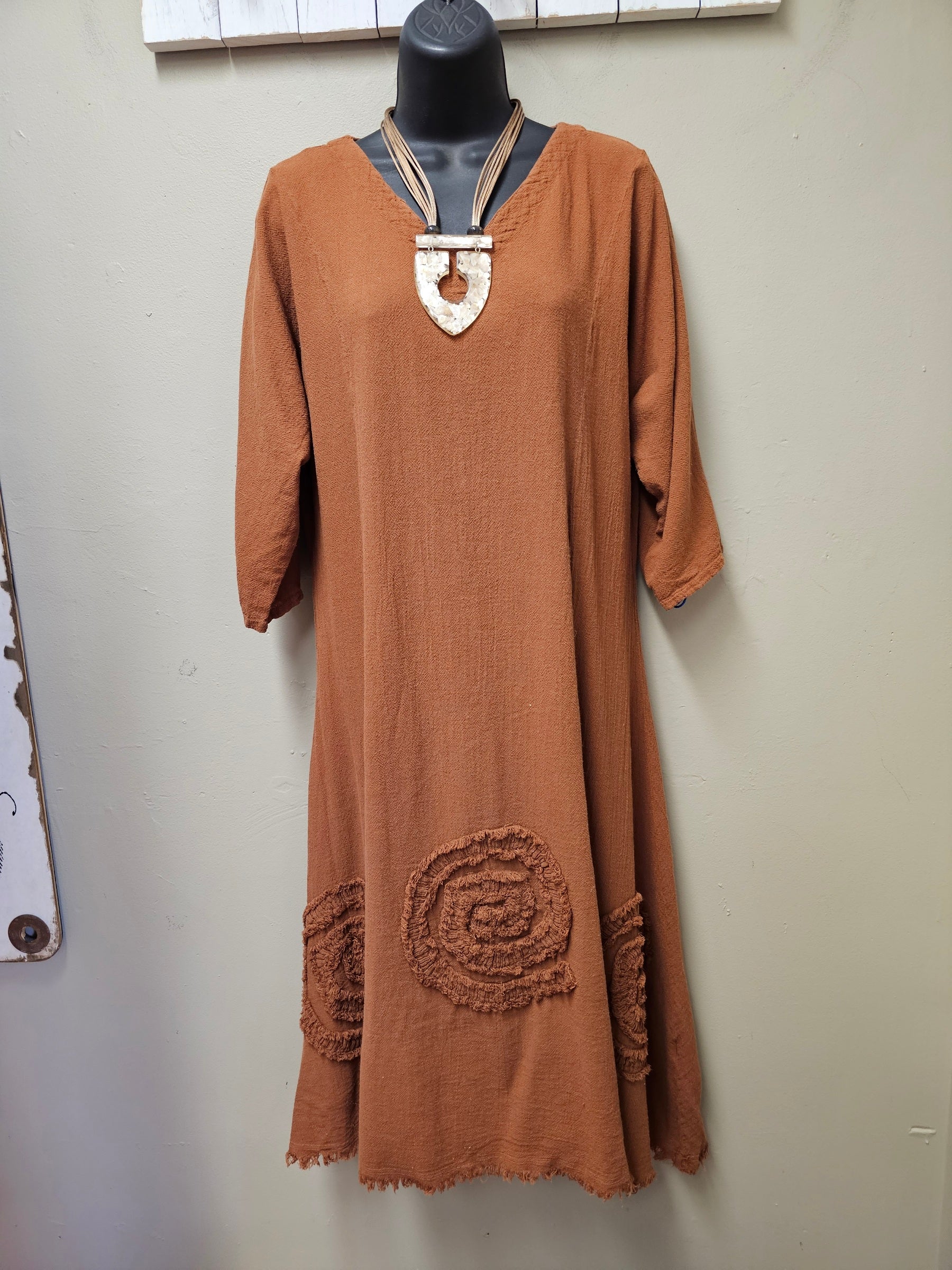 5 Color Ways - 3/4 Sleeved Midi Dress with "Swirls " & Raw Edge