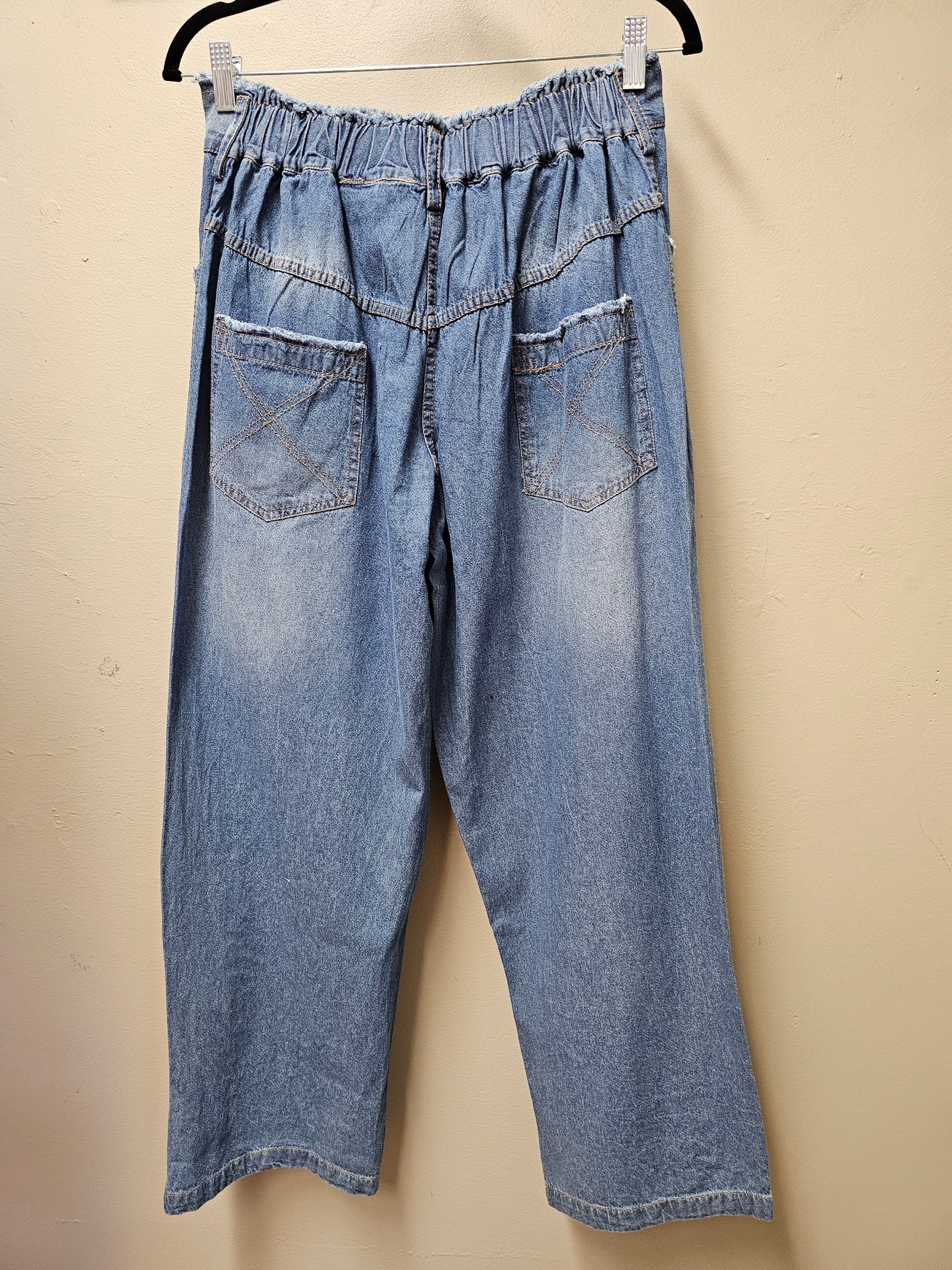 Boho Denim Pants with Colorful Raw Edge Patches