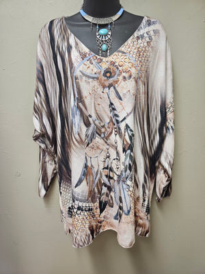 Dream Catcher with Feathers Long Sleeve Lightweight Soft Sweater Top