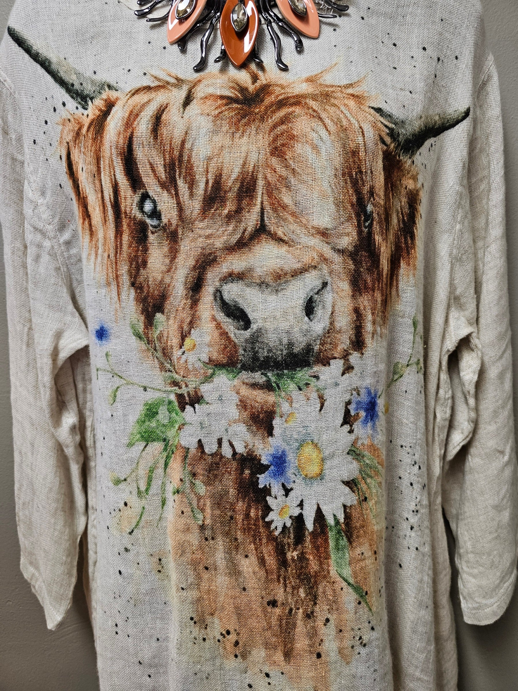 Highland Cow One Size Linen Top with 3/4 Sleeves