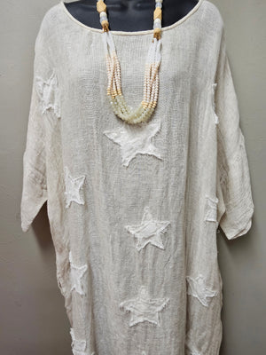 Distressed Linen Oversized Dress with Stars with Pockets One Size