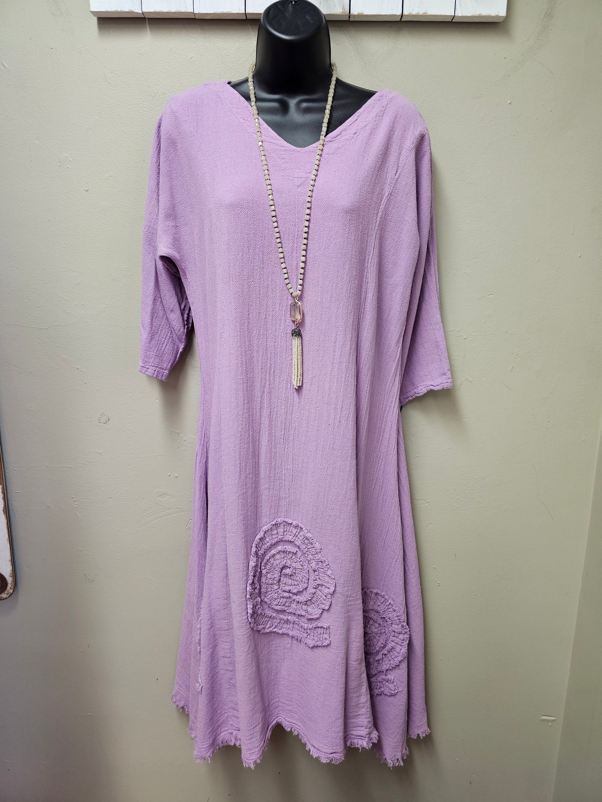 NEW COLORS!  8 Color Ways - 3/4 Sleeved Midi Dress with "Swirls " & Raw Edge