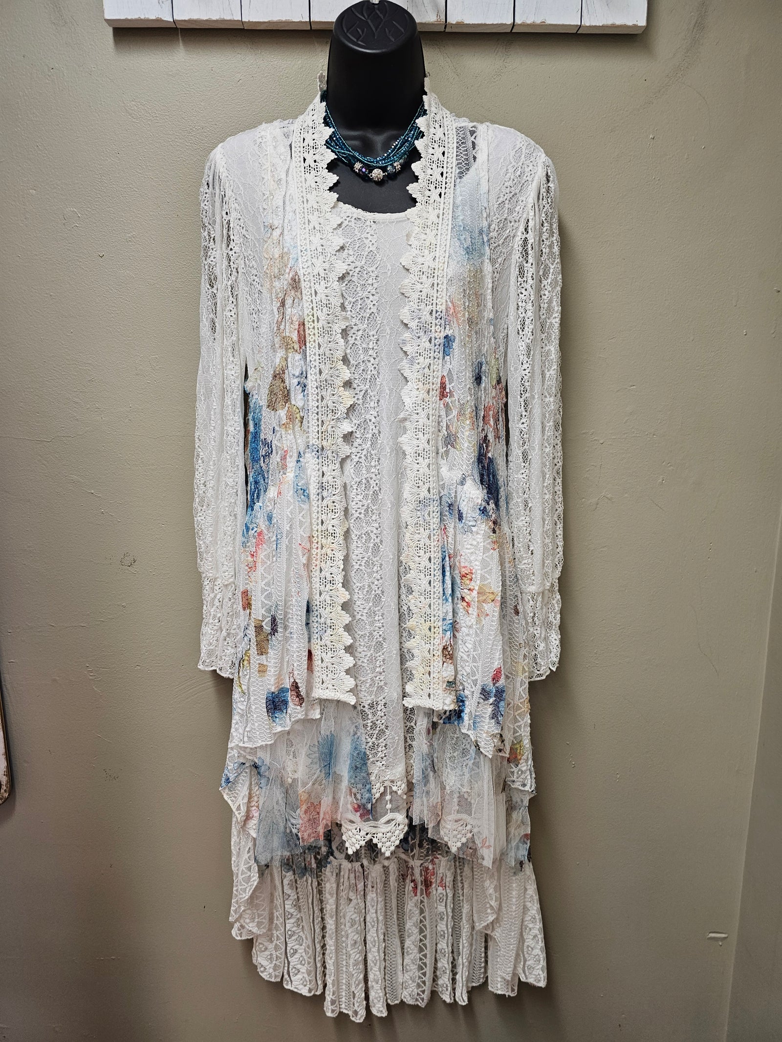 Romantic Lace Vest with Blue and Teal Flowers