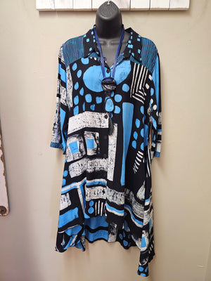 Unique Gorgeous Button Down Hi-Lo Black & Blue Tunic Top