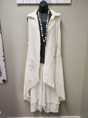 "LOVE" Long Vest with Cotton  Voile Embroidery  Stitched Details