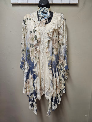 Breathtaking Blue and Beige with Roses  Lace Cardigan Jacket