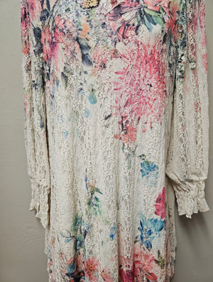 Stunning Colorful Florals  on Elegant Lacey Top