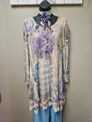 Romantic Purple and Blue Bird and Florals on Elegant Lacey Top