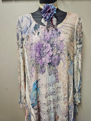 Romantic Purple and Blue Bird and Florals on Elegant Lacey Top