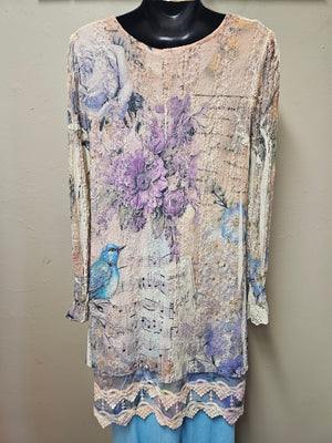 Romantic Purple and Blue Bird and Florals on Elegant Lacey Top