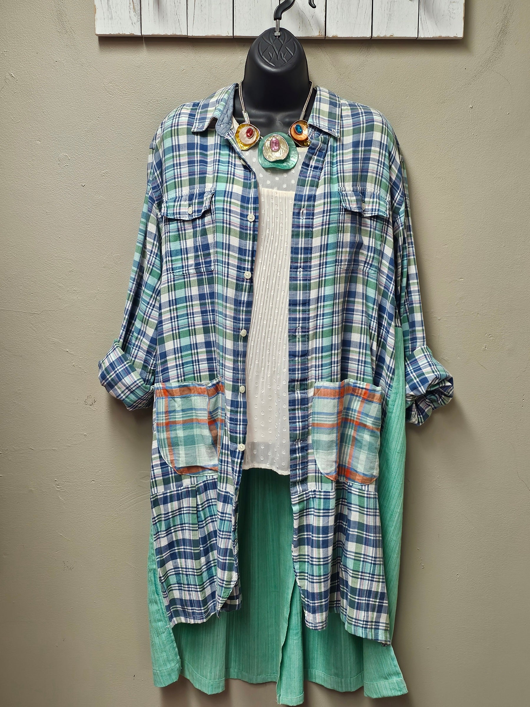 Fun Green and Blue Plaid Cardigan/Jacket Seams by Sarah