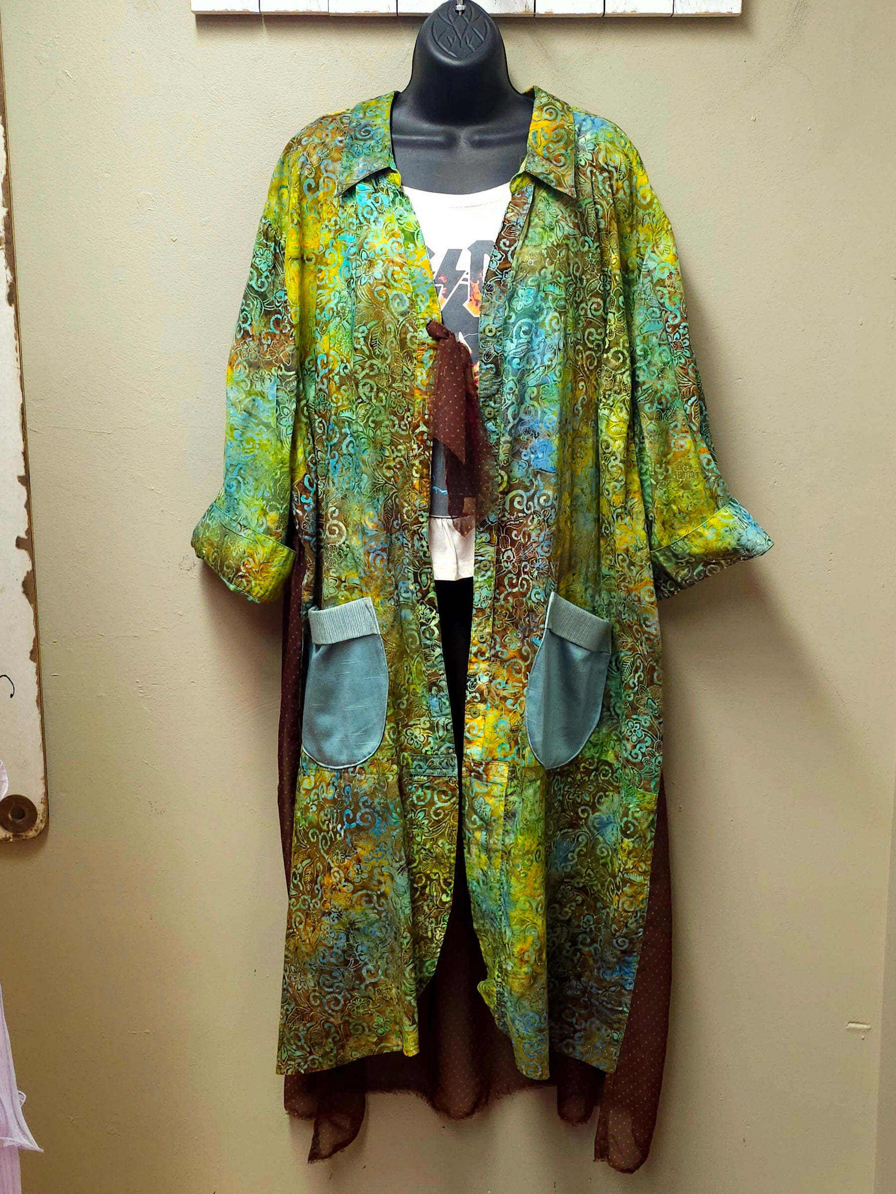 Colorful Batik and Brown Cardigan/Jacket Seams by Sarah