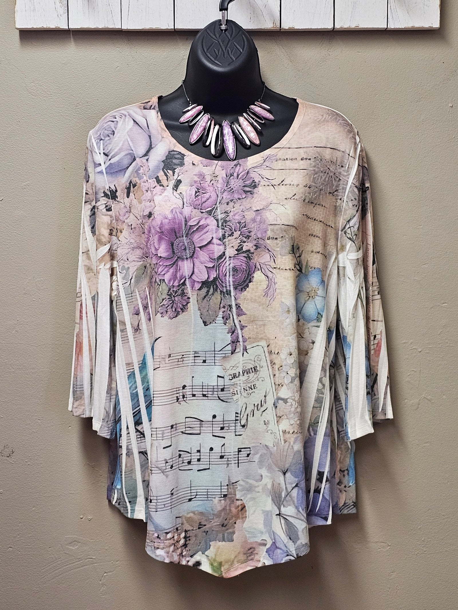 Gorgeous Lightweight Knit Top with Floral, Musical Notes & Bird Sublimation Print with 3\4 Sleeves