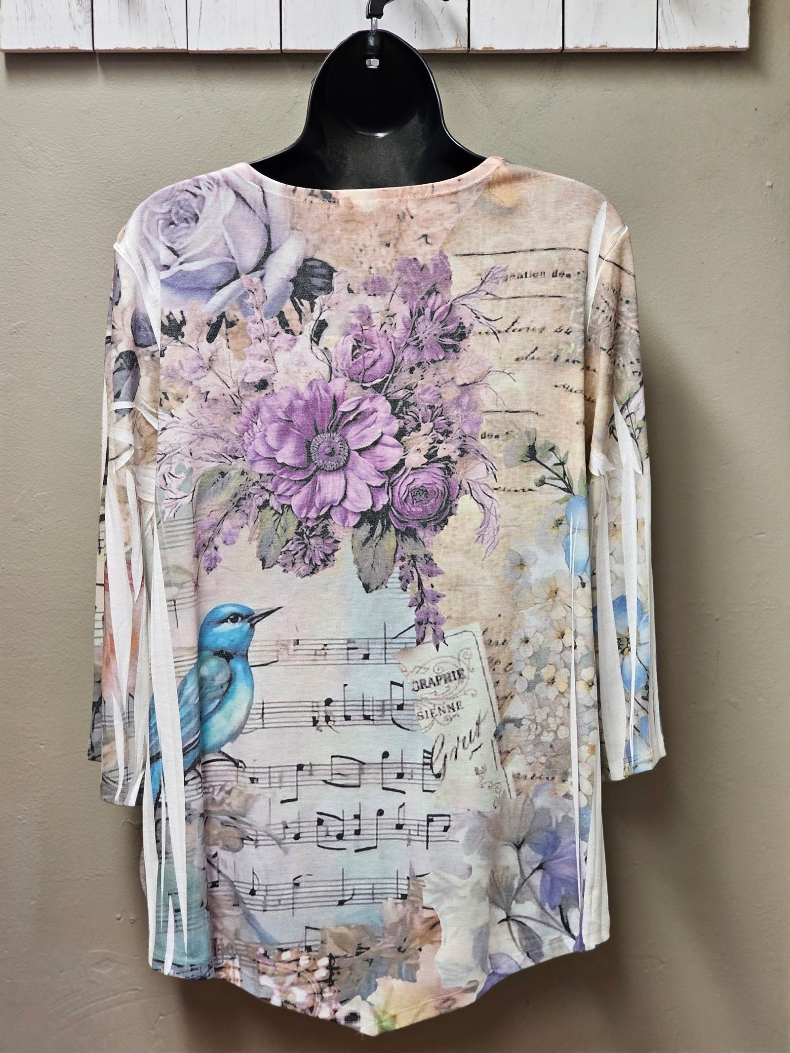 Gorgeous Lightweight Knit Top with Floral, Musical Notes & Bird Sublimation Print with 3\4 Sleeves