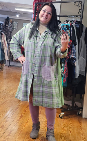 Beautiful Long Flannel Lavender and Green Cardigan/Jacket Seams by Sarah