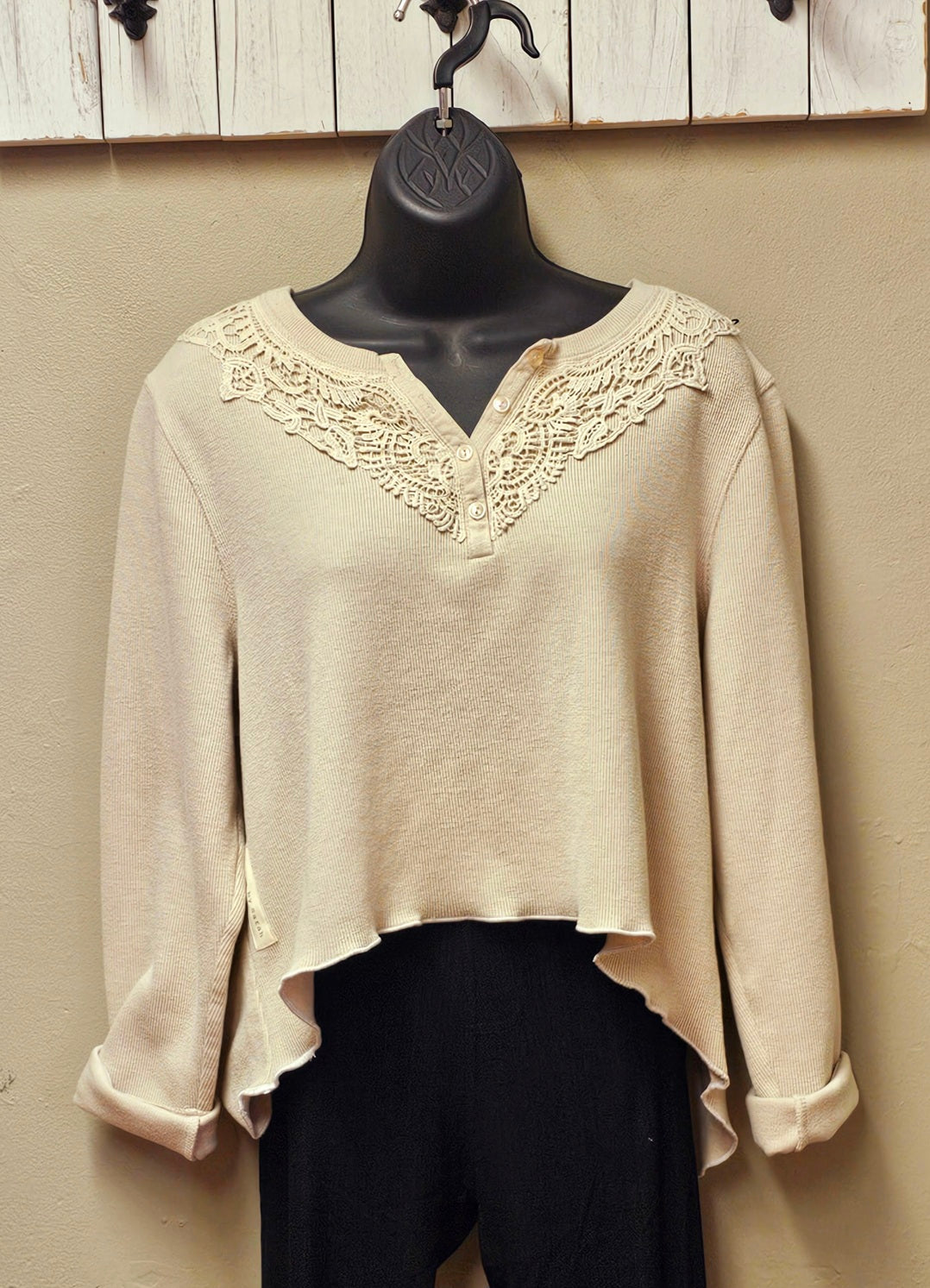 Hi-Low Beige Button Top with Lace Shirt Seams by Sarah