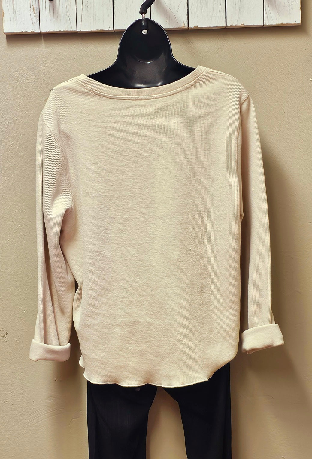 Hi-Low Beige Button Top with Lace Shirt Seams by Sarah