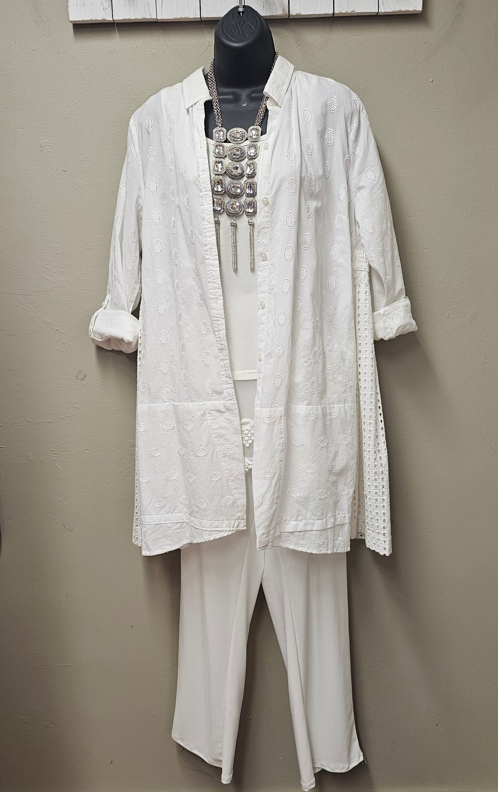 Stunning White Eyelet Mid-length Cardigan/Jacket Seams by Sarah