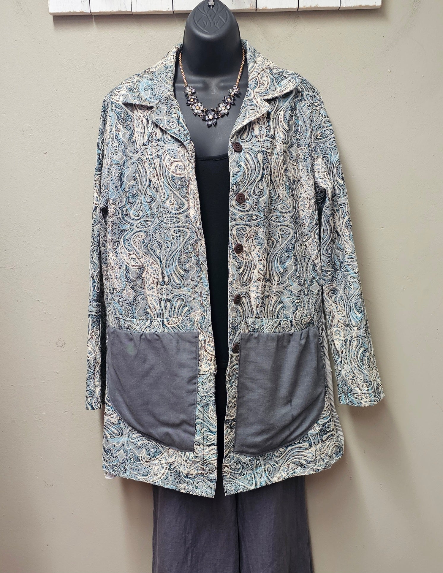 Grey Paisley Texture Mid-length Cardigan/Jacket Seams by Sarah