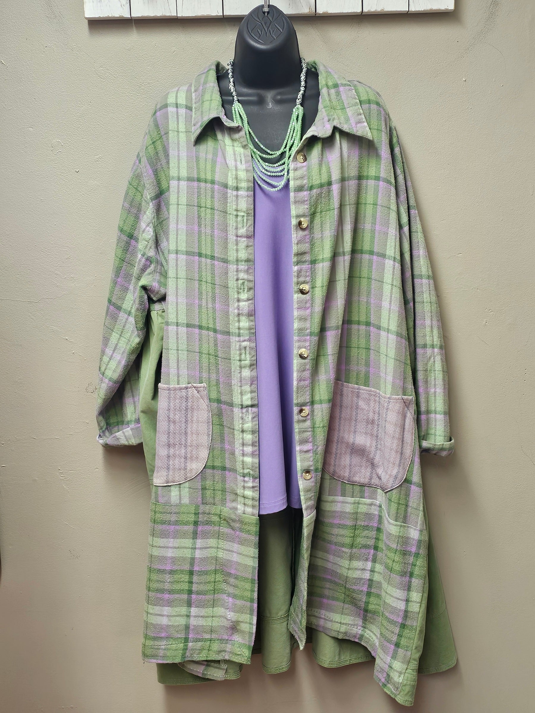 Beautiful Long Flannel Lavender and Green Cardigan/Jacket Seams by Sarah