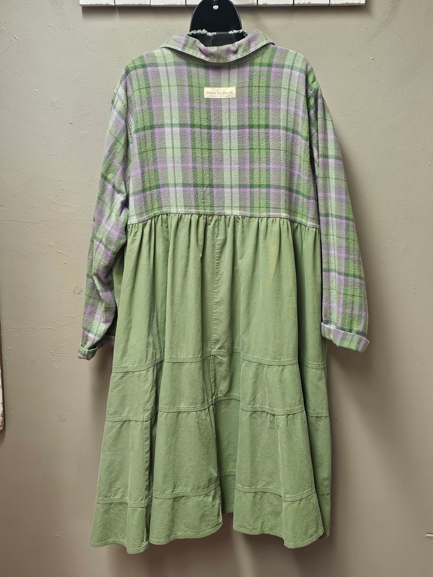 Beautiful Long Flannel Lavender and Green Cardigan/Jacket Seams by Sarah