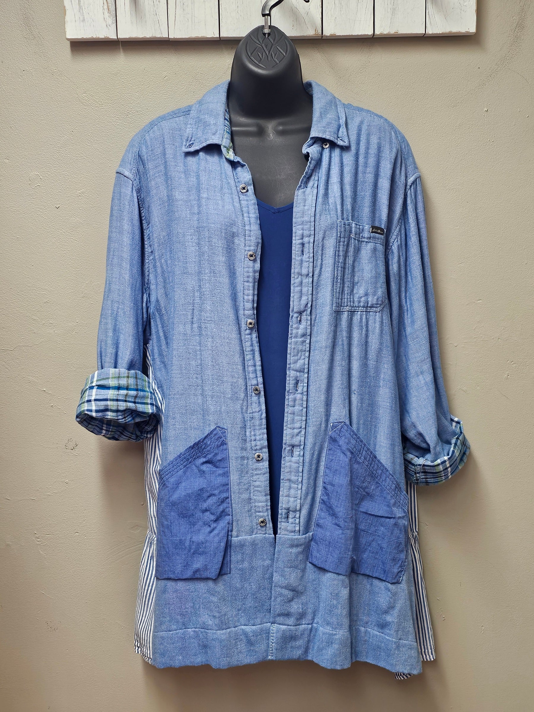 Denim with Blue and White Stripes Cardigan/Jacket Seams by Sarah