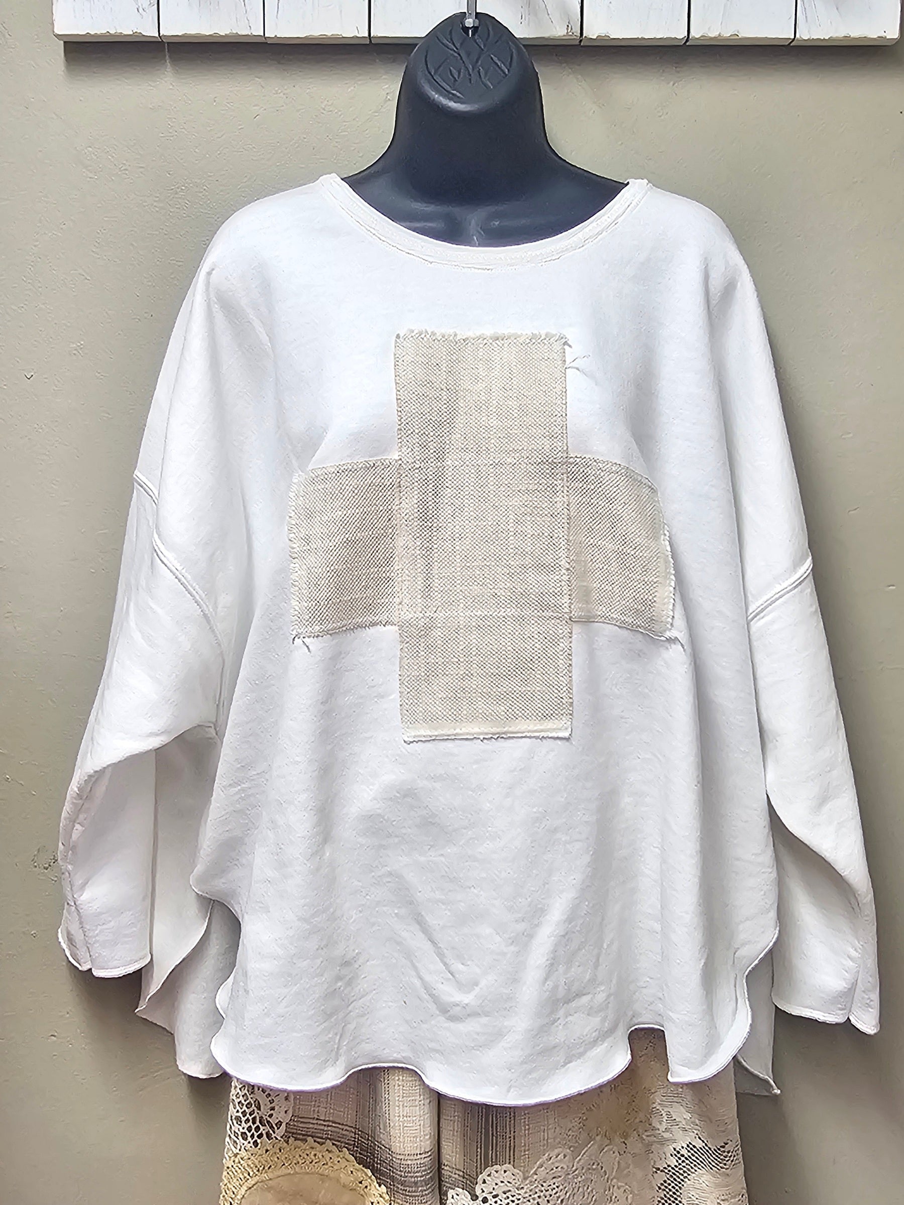 White Sweatshirt Top with Signature Cross on Front by Seams by Sarah