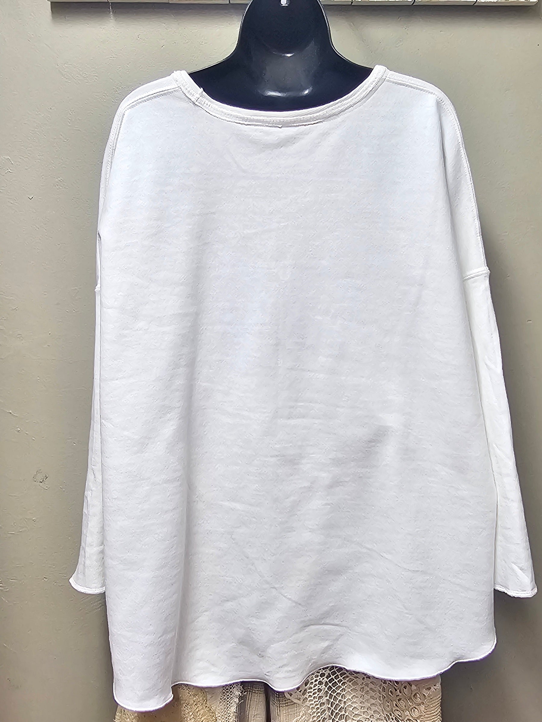 White Sweatshirt Top with Signature Cross on Front by Seams by Sarah