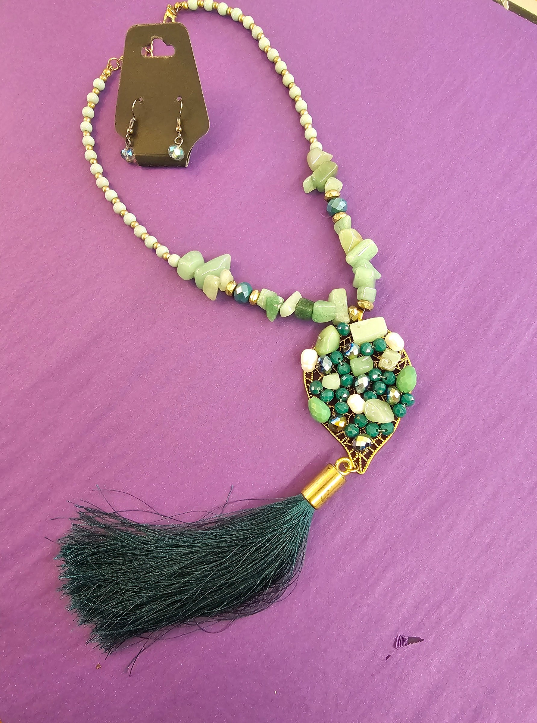 FINAL SALE was $26.99 Stylish Seafoam Green with Teal Tassel Necklace