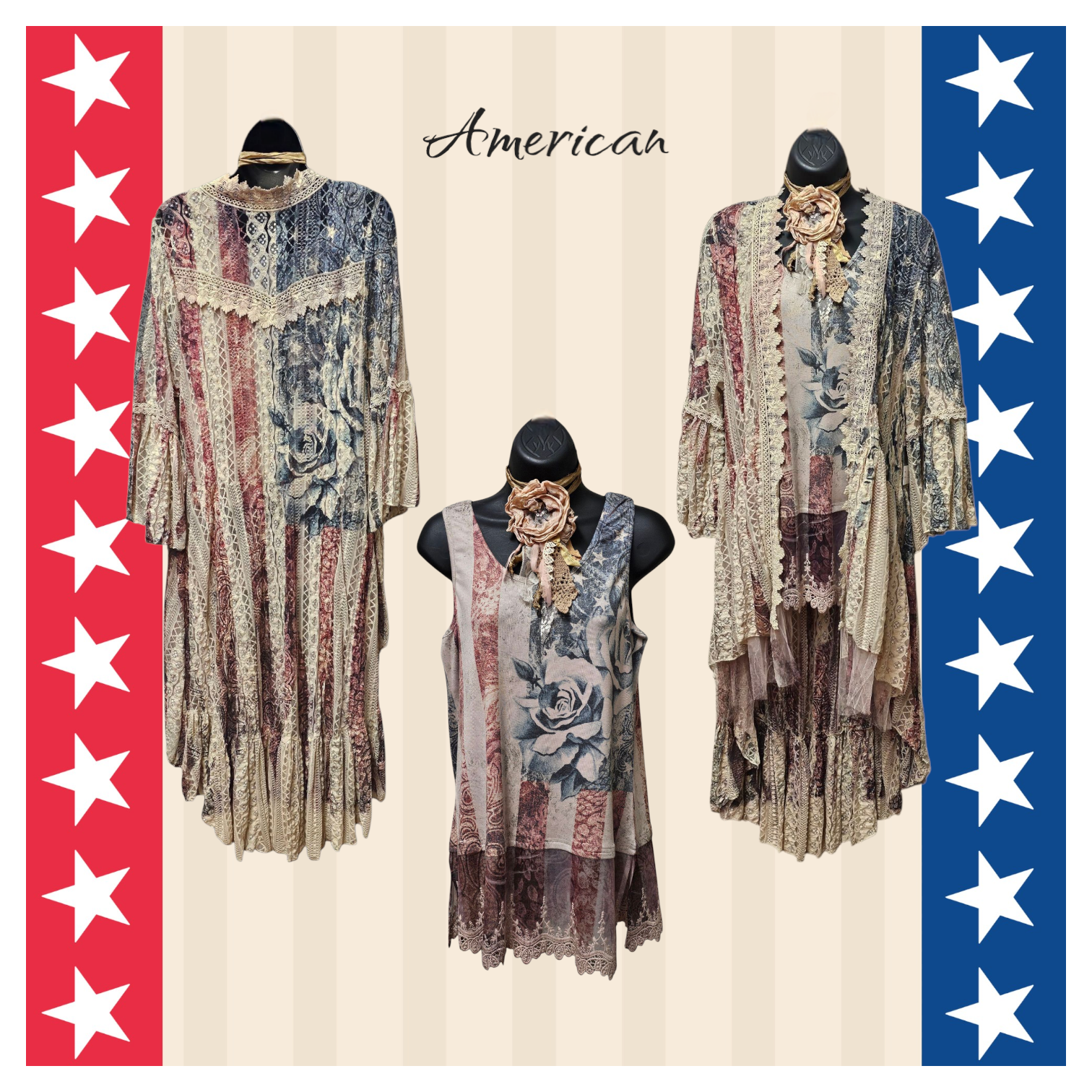 Americana Red & Blue Vintage Look Tank with a Lace Bottom