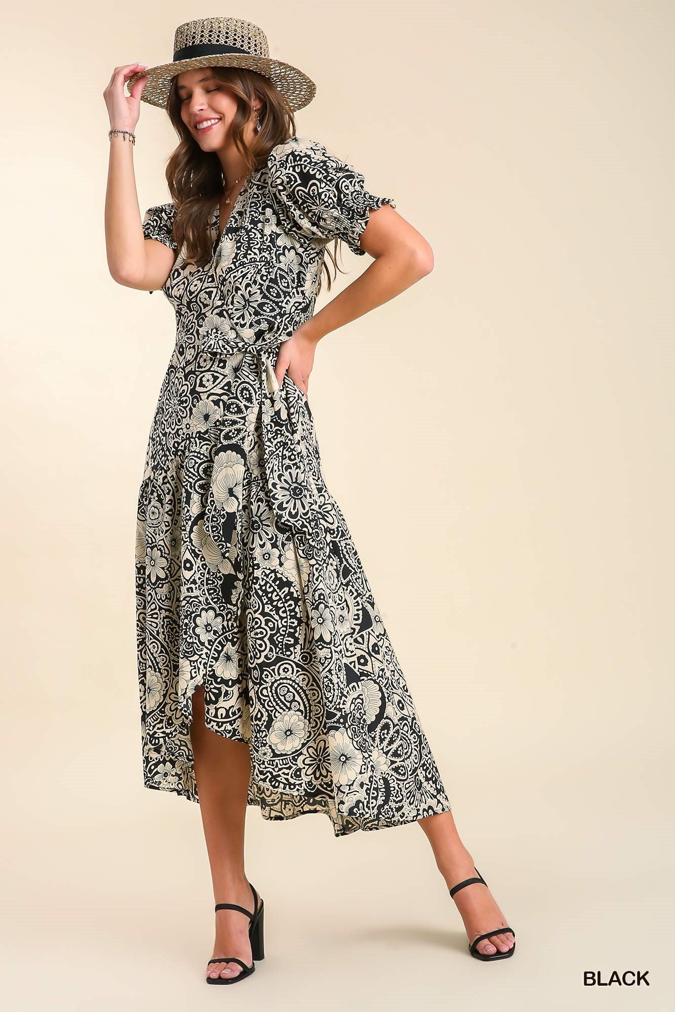 Stunning Wrap Abstract Print Dress in Black