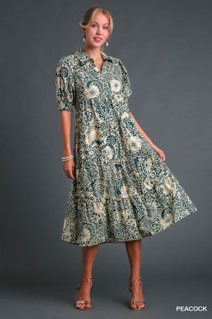 Cute Abstract Collared Print Dress in a Peacock Color