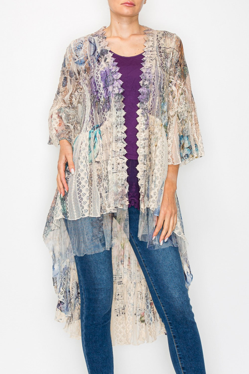 Romantic Purple & Blue Lace Duster with a Vintage-inspired Look.