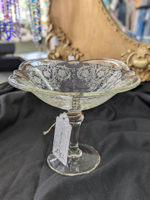 Vintage Etched Glass Compote Bowl