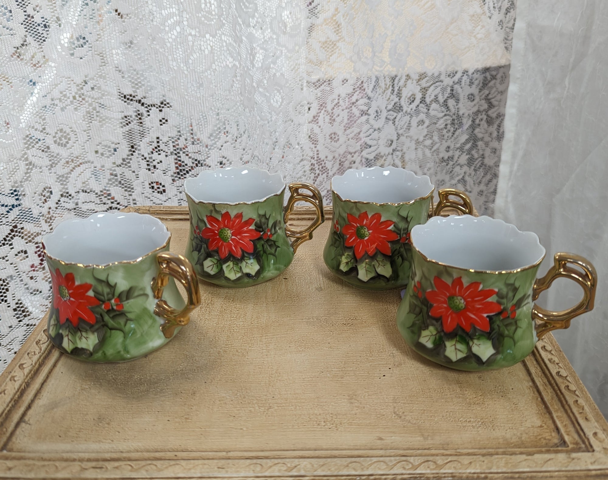 Set of 4 Vintage Lefton China- Hand Painted Christmas Cups