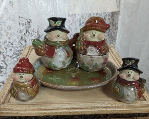Rare Find- 5 Piece Set-Snowmen S&P Shakers w/Creamer & Sugar Bowl