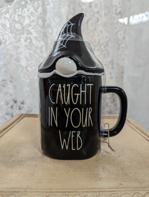 Brand New Collectible Rae Dunn Coffee Mug w/Lid "Caught in Your Web"
