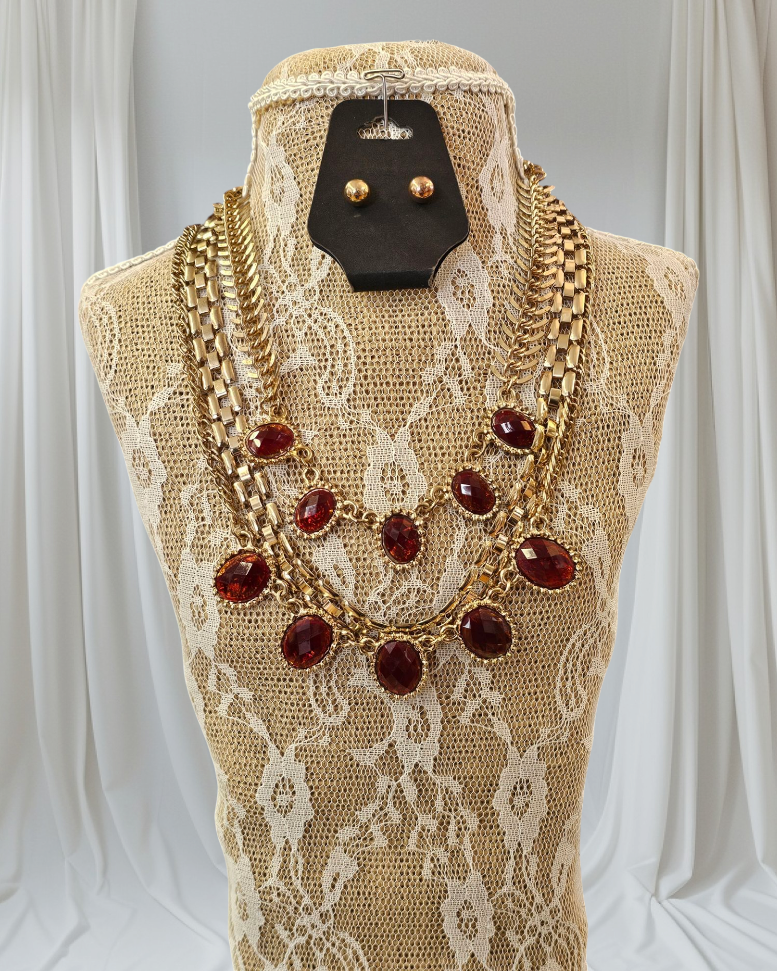 FINAL SALE was $22.99 - Classy Triple Strand Red and Gold Necklace with Earrings