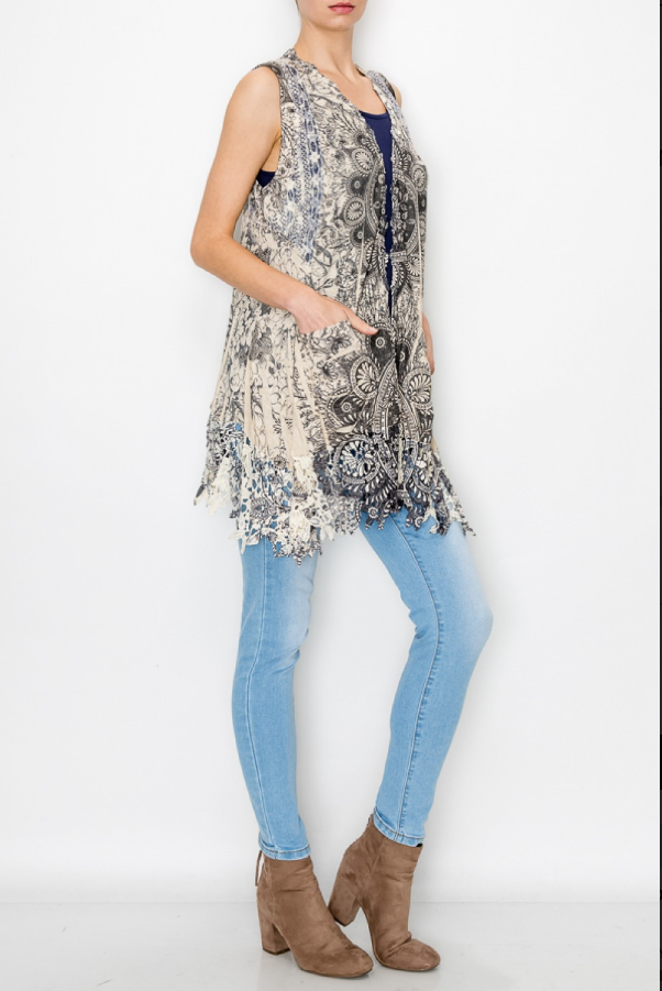 Stunning Vest with Lace Accents and Pockets