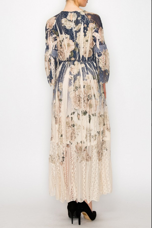 Vintage Style Blue and Beige Floral Dress in Lace