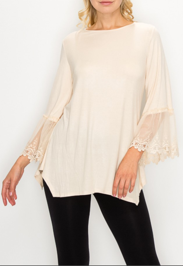 Fashion Beige Bell Sleeve Lace Top