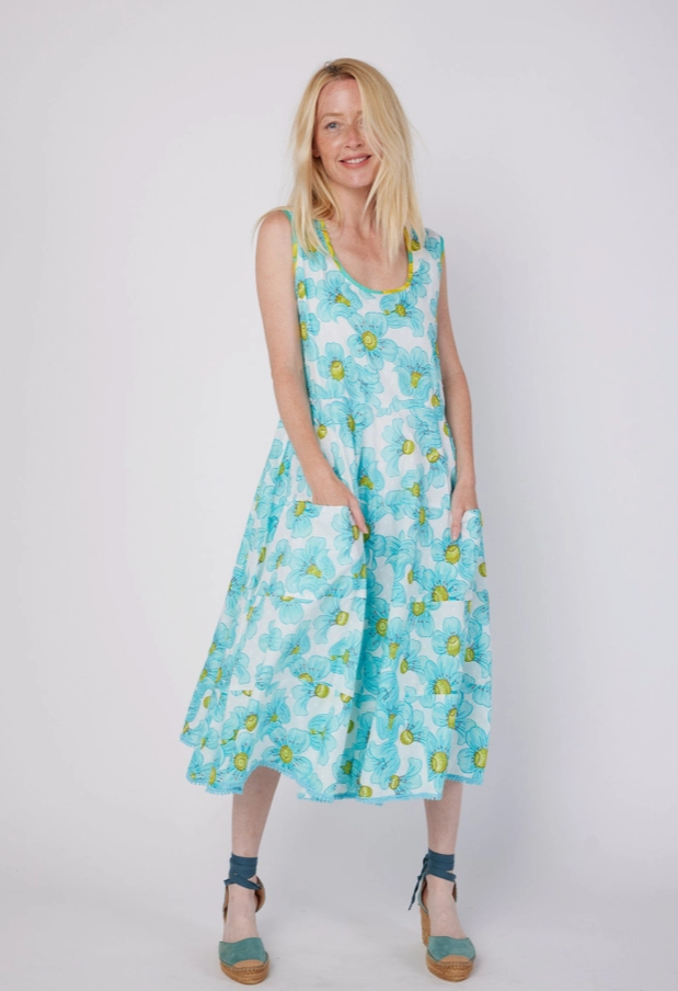 Summery Blue Floral Midi Swing Dress