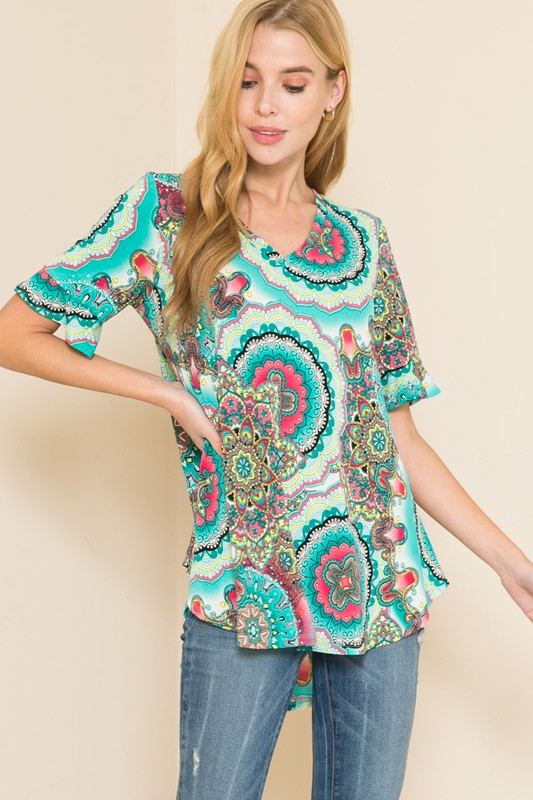 Super Cute Mixed Print Hi Low V Neck Top with Short Ruffle Sleeve - You-nique Bou-tique
